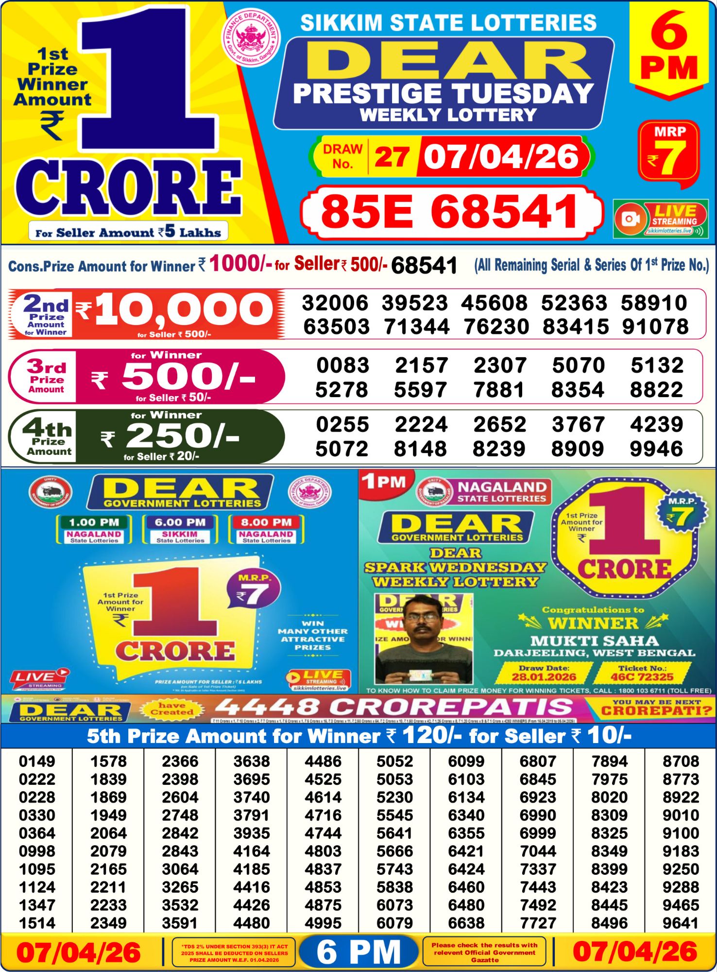 Dear Lottery 6PM Result