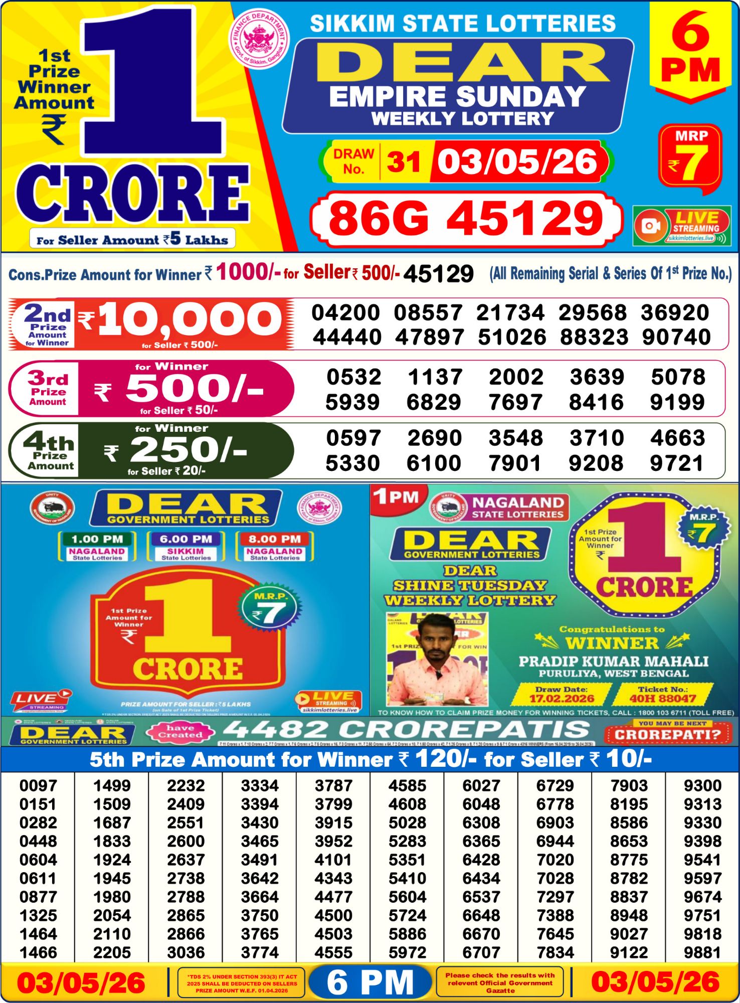 Dear Lottery 6PM Result