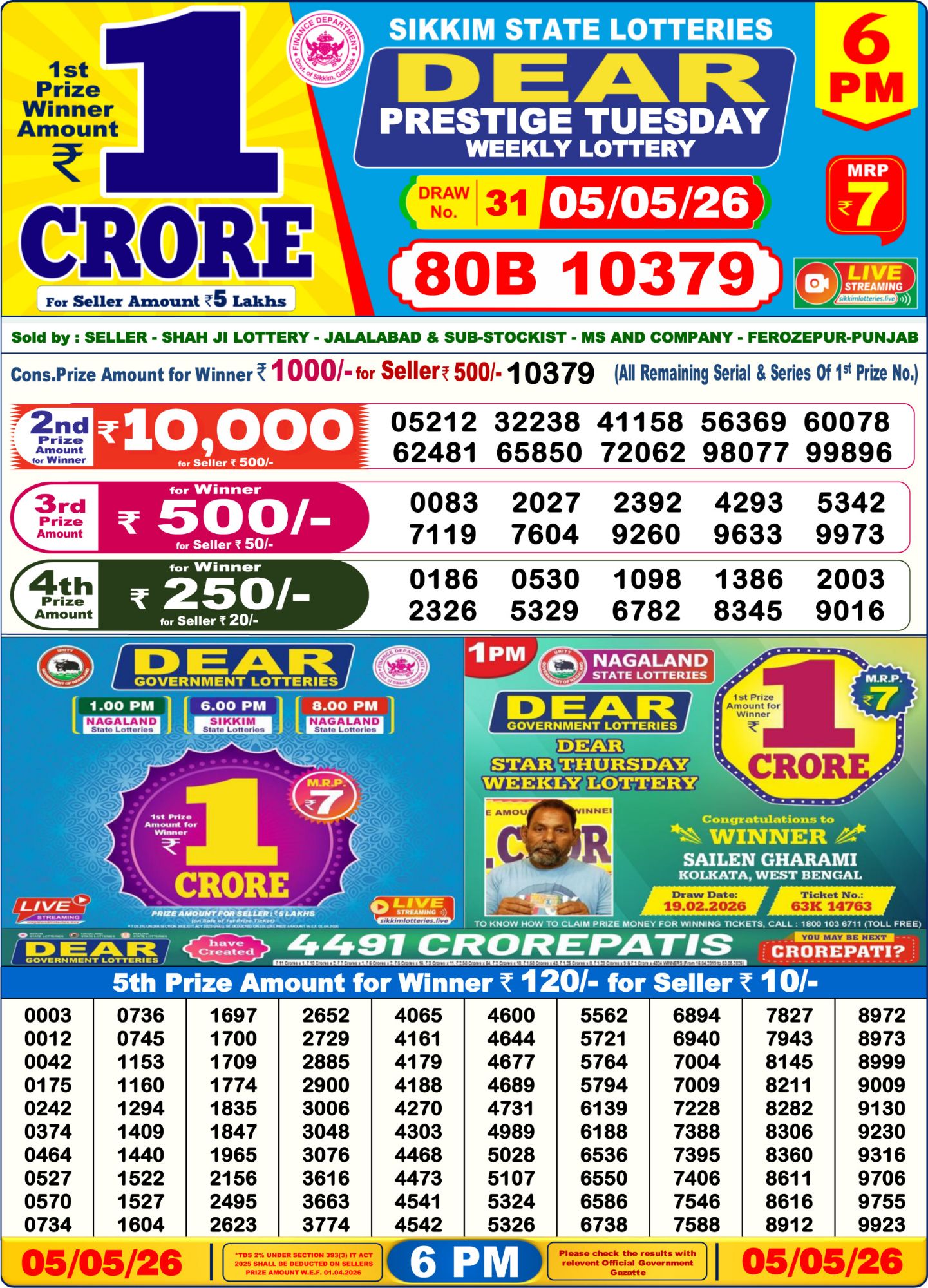 Dear Lottery 6PM Result