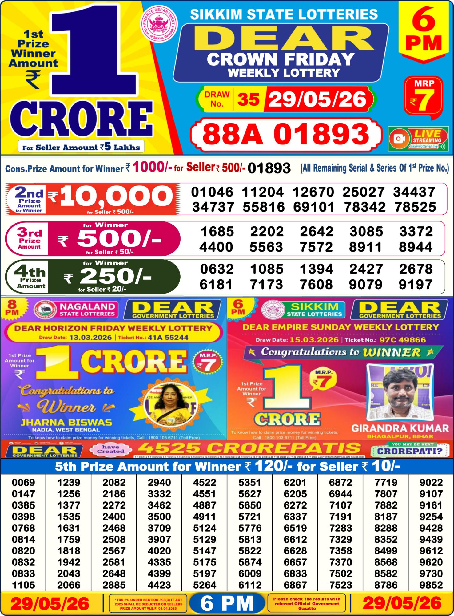 Dear Lottery 6PM Result