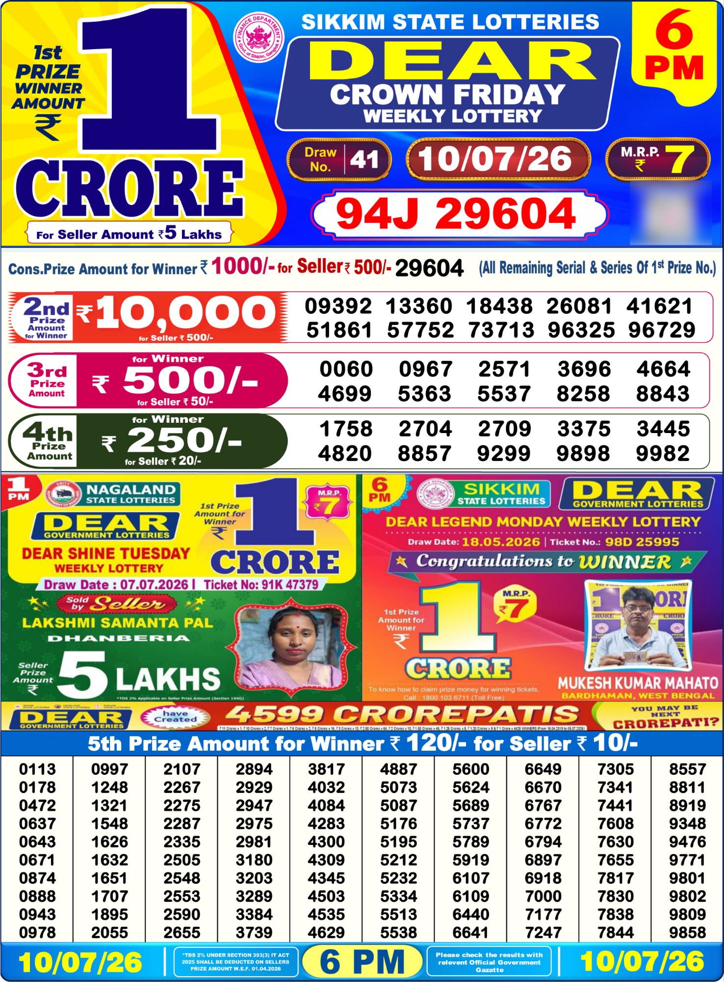 Dear Lottery 6PM Result