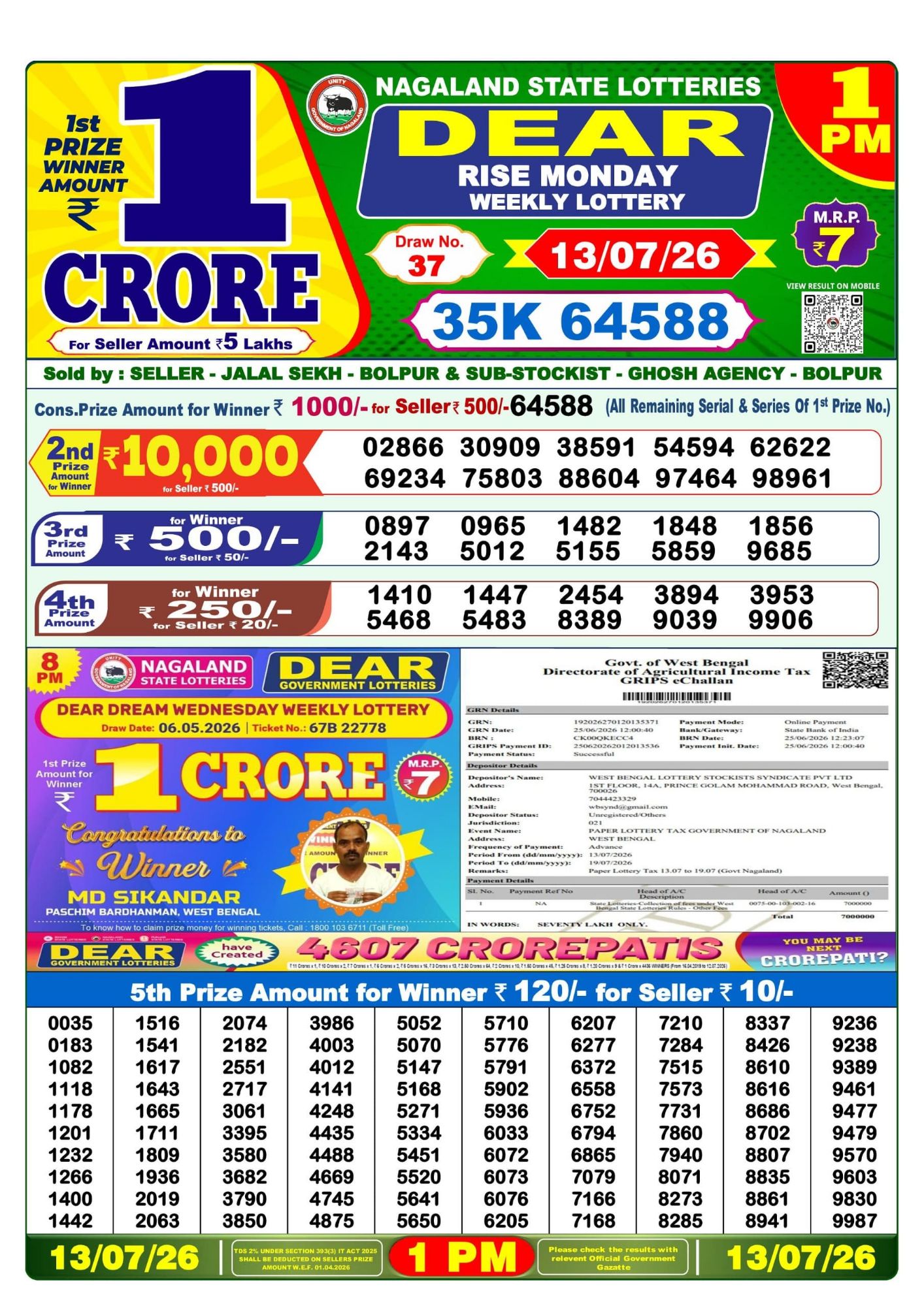 Dear Lottery 1PM Result
