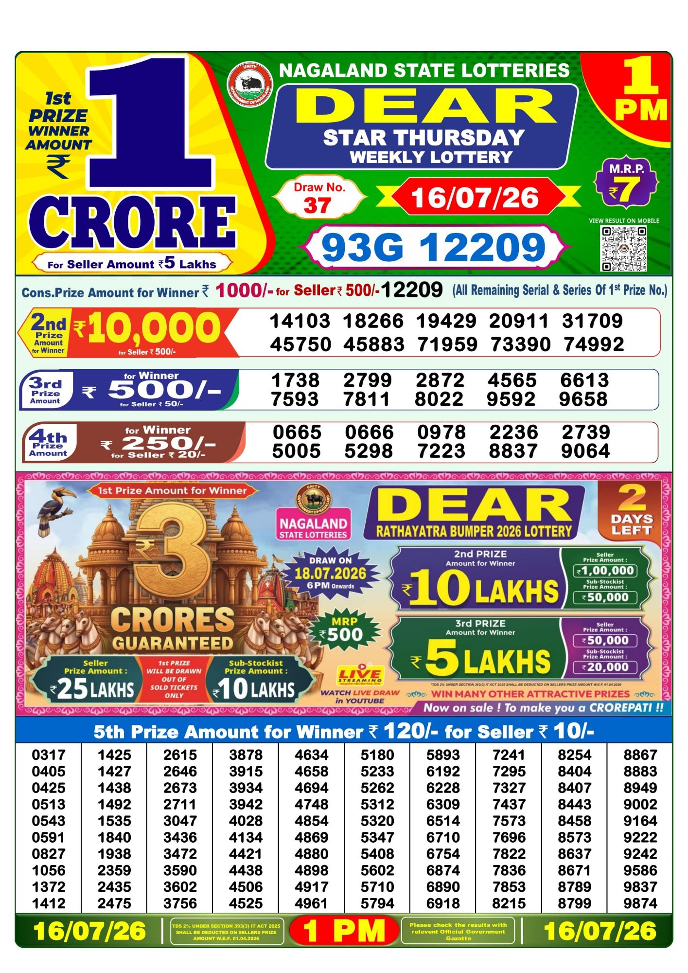 Dear Lottery 1PM Result