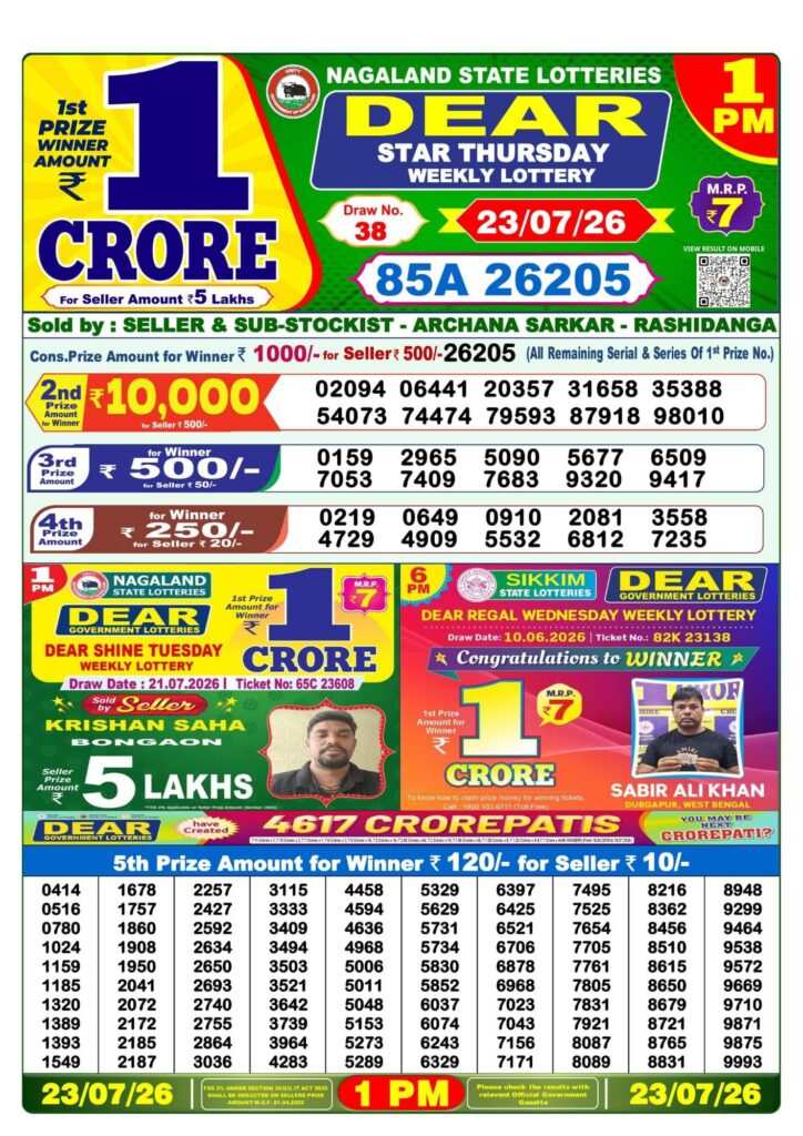 Dear Lottery 1PM Result