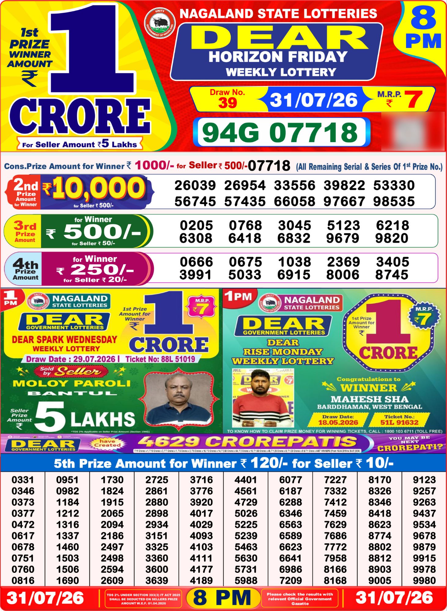 Dear Lottery 8PM Result
