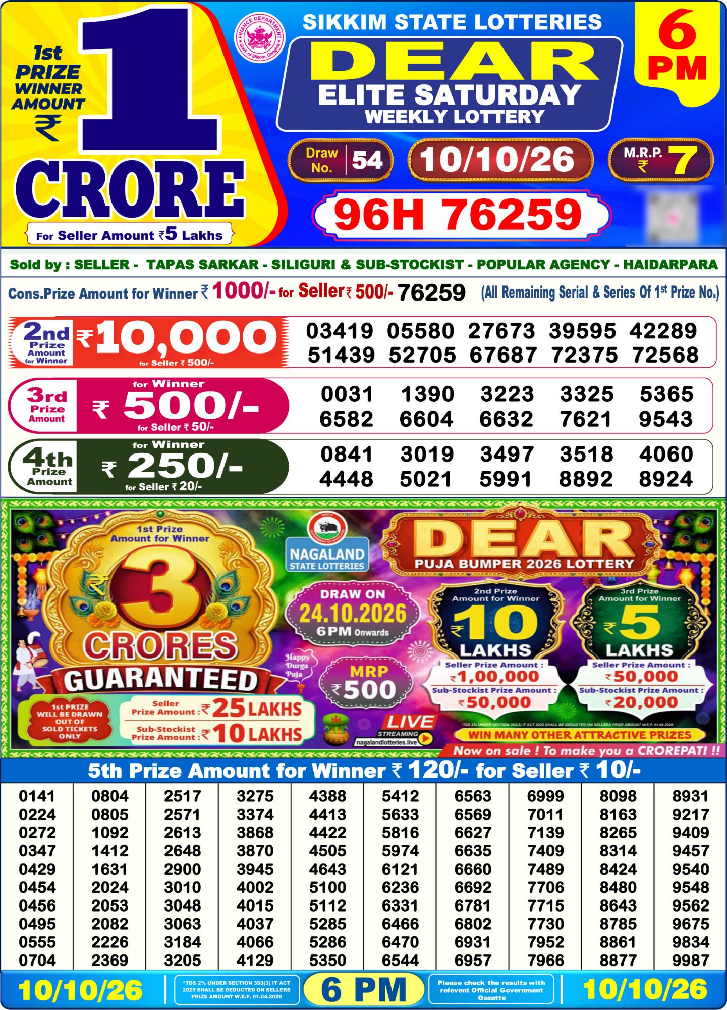 Dear Lottery 6PM Result